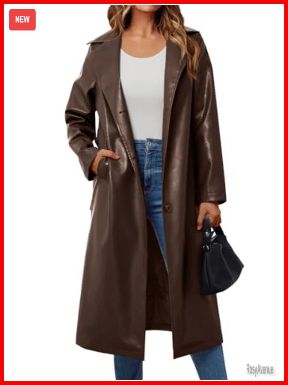 Womens Faux Leather Trench Coat Belted Knee Length Moto Jacket
